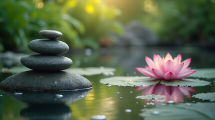 Fototapeta premium Tranquil waterscape with zen stones and blooming lotus in serene garden setting