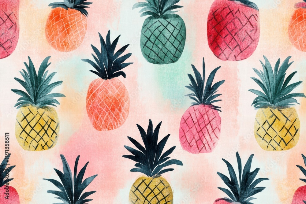 Poster Colorful watercolor pineapple pattern with various sizes and shades on soft pastel background. Generative AI