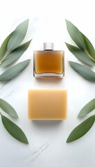 Aromatic soap and cologne on marble, eucalyptus leaves surround, spa background, for beauty product advertising