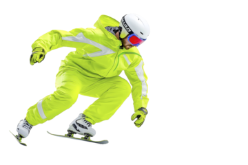 Professional skier performing a jump in bright gear