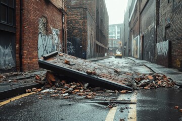 Collapsed brick structure, street debris, urban alleyway.
