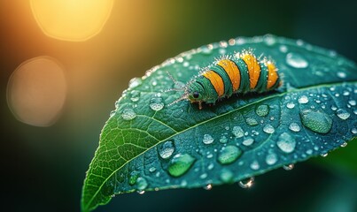 Colorful caterpillar on dewy leaf, sunlight.