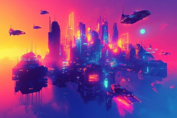 Obraz premium Futuristic Floating Cityscape With Spaceships Soaring Above