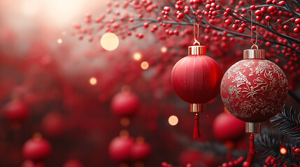 Obraz premium A red background with red and gold ornaments hanging from a tree