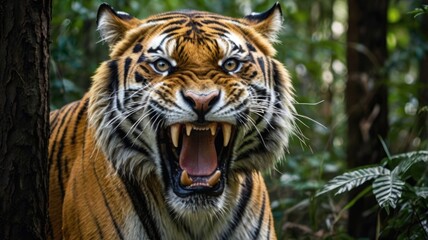 Obraz premium A majestic Siberian tiger, a powerful feline predator with piercing yellow eyes and thick black stripes, stares intently from its enclosure at the zoo