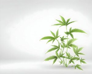 Cannabis plant growing in a studio.  Medical marijuana plant, light grey background. Use medical or recreational cannabis product packaging