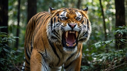Fototapeta premium tiger roaring in the middle of the forest, front view