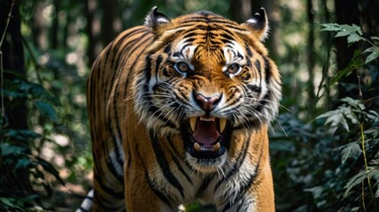 Obraz premium A majestic Siberian tiger, a powerful predator with piercing black eyes, rests majestically in its natural habitat, a stark contrast to the confined space of a zoo