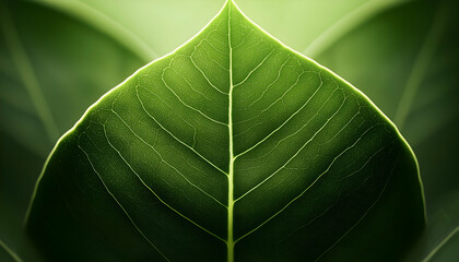 Close-up of a vibrant green leaf, sunlight illuminating its veins; natural background; for eco-friendly designs