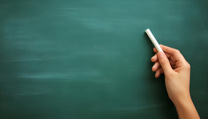 A mature hand writing or drawing on a clean green blackboard with a white chalk