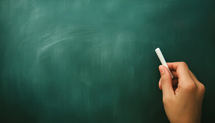 A mature hand writing or drawing on a clean green blackboard with a white chalk