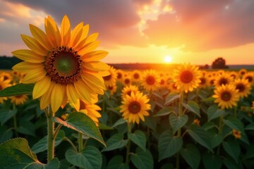 Sun-kissed sunflowers bathed in the last rays of a breathtaking sunset , backdrop, image