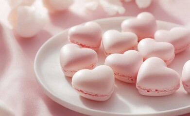 Heart-shaped dessert. Pink and white hearts on a tray. Valentine's atmosphere, love: beautiful cover. Premium background image, for cover, flyer, brochure, brochure, brochure, desktop, notepad. 