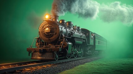 Obraz premium Vintage steam train travels through green mist.