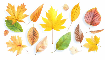 Colorful autumn leaves collection isolated on white background; perfect for fall greeting cards, website banners, or seasonal design projects