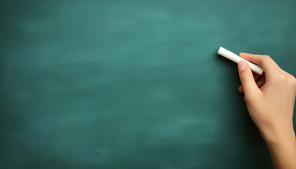 A mature hand writing or drawing on a clean green blackboard with a white chalk