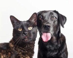 Naklejka premium Playful black dog and cat licking lips isolated on white background pet photography studio environment cute companionship