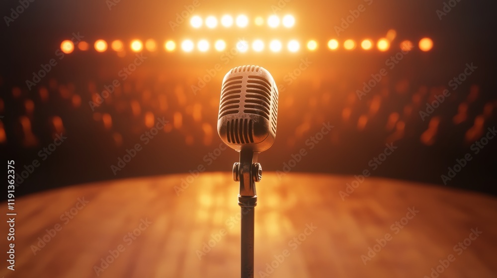 Poster vintage microphone standing center stage, illuminated by warm lights, creating an inviting atmospher