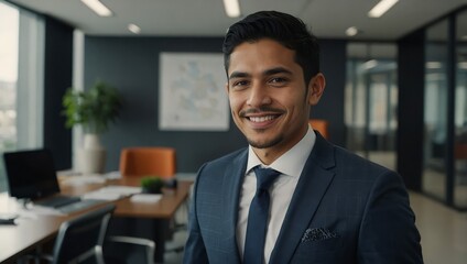 Obraz premium A young, confident Latino professional standing tall in a modern office, dressed in a tailored suit, smiling and looking directly at the camera