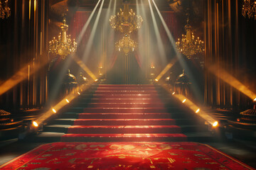 Red Theater Stage with Dramatic Lighting and Velvet Curtains, Elegant Performance Venue Setup with Spotlight and Theatrical Atmosphere
