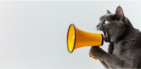 Fototapeta premium Grey cat yelling into yellow megaphone