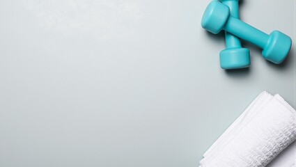 Obraz premium Yoga mat teal dumbbells white towel Fitness essentials in perfect arrangement