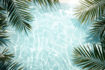 Fototapeta premium Tropical palm leaves framing sparkly blue water background. Summer vacation, beach resort concept. Natural border design for poster, invitation with copy space