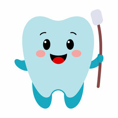 Cute Cartoon Teeth vector holding a tooth brush on white background.