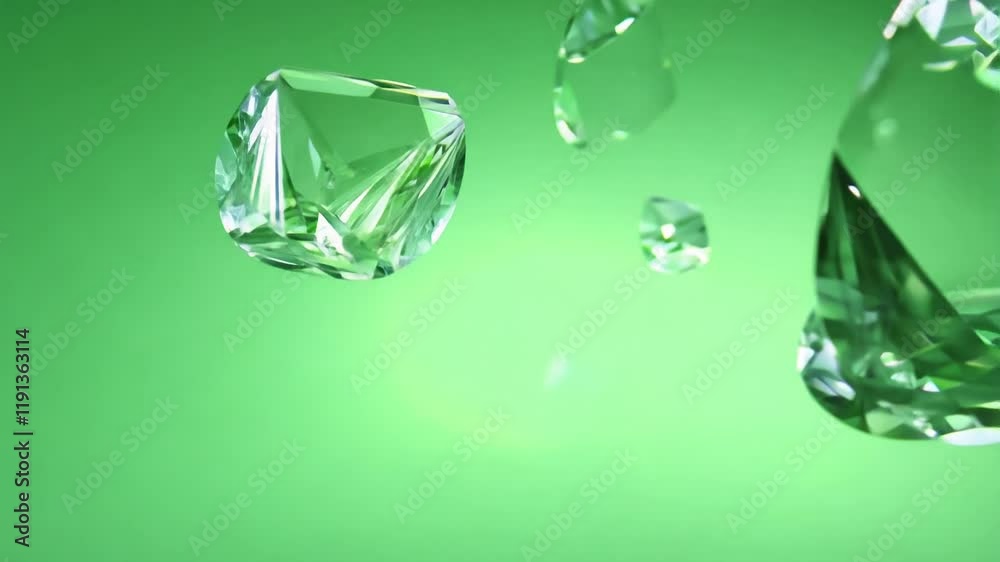 Sticker floating crystal shapes on green background in abstract animation