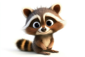Obraz premium Happy cartoon raccoon with paws together, smiling on a bright white background