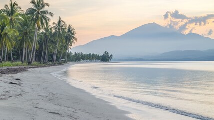 Peaceful sunrise beach, palm trees, mountain view, tranquil scene, idyllic vacation