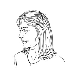 Portrait of a middle aged woman with shoulder length hair, Hand sketch with black lines on white background, Adult female head looking aside with a slightly smile, Hand drawn vector illustration