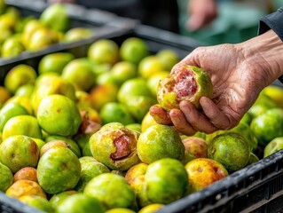 Hand rejecting rotten fruit at market. Food safety and contamination image concept.