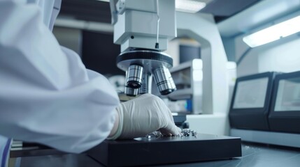 A close-up of a metallurgist examining metal samples in a materials testing laboratory, Metallurgical analysis scene, Material science style