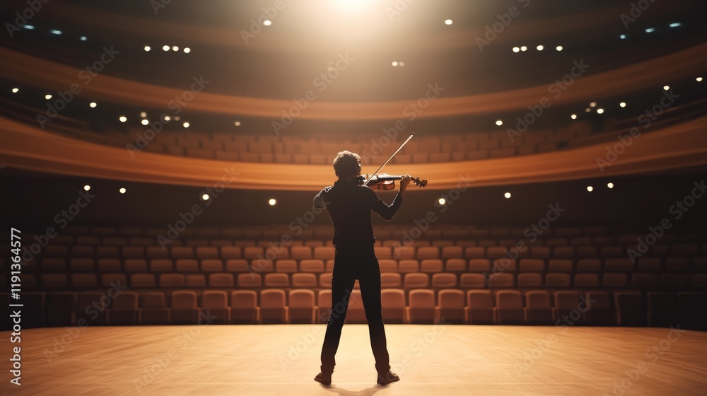 Poster talented violinist playing a beautiful melody on stage in an empty auditorium, illuminated by warm l