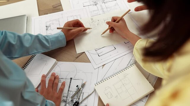 Professional engineer team discussion about house design on meeting table with architectural equipment and building blueprint scatter around at modern office. Focus on hand. Closeup. Delineation.