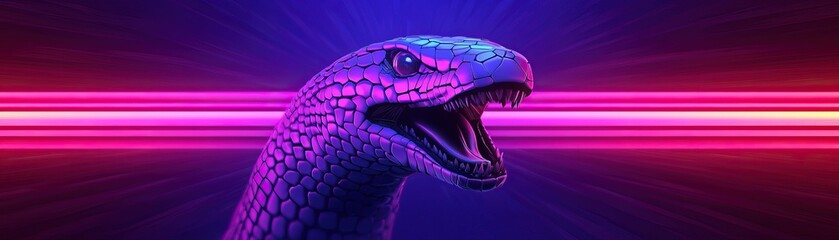 A vibrant, stylized dinosaur head against a neon backdrop, featuring a dynamic color scheme of purple and blue with striking light effects.