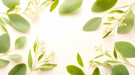Eucalyptus leaves and flowers frame on white background; ideal for wedding invitations, blogs, or greeting cards