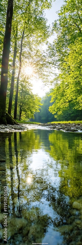 Poster scenic river in lush green forest with sunlight filtered through trees in springtime : generative ai
