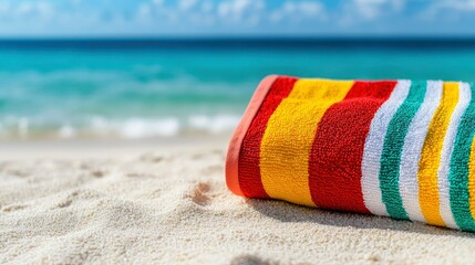 Vibrant Striped Beach Towel on Sandy Shore with Ocean Background