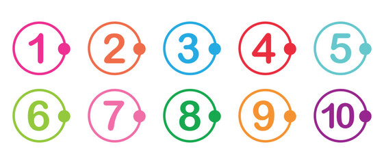 Modern colorful numbers button set. Numbers counting different colorful stroke vector button icon design. Set of colorful round 1 to 10 isolated on white background. Vector illustration. EPS 10