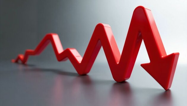 Vibrant red 3D zigzag arrow pointing downward symbolizing decline