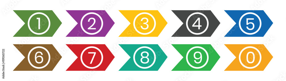 Fototapete Numbers button colorful icon set. Round pointer number buttons with arrow silhouette for design. Set of colorful numbers button sign symbol isolated on white background.