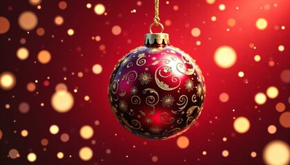 Photorealistic red Christmas ornament with golden swirls and hanging string