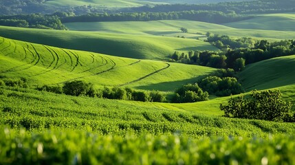 Fototapeta premium Vibrant Green Rolling Hills and Lush Landscapes Under a Clear Sky for Nature and Travel Photography : Generative AI