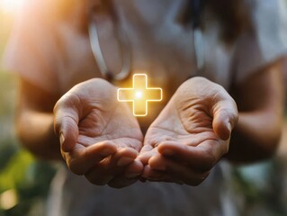 Health insurance and medical welfare concept. people hands holding plus symbol and healthcare medical icon, health and access healthcare