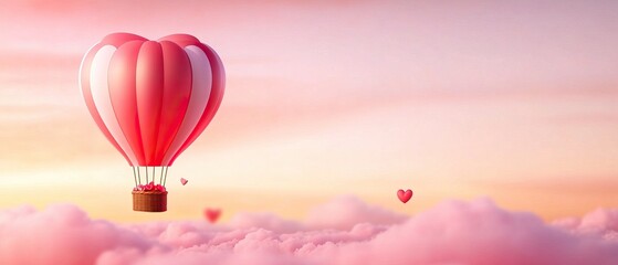 Obraz premium A whimsical heart-shaped hot air balloon floats among soft clouds at sunset, creating a dreamy and romantic atmosphere.