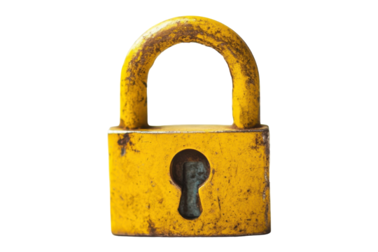 Yellow metal padlock rests on a white background, showcasing its texture and keyhole design suitable for various security needs
