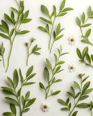 Fototapeta premium Flat lay of green leaves and daisies on white background; nature, botanical, floral design, spring, summer. Perfect for website banners, social media posts, or product packaging
