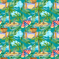 Tropical coast, islands with palm trees and parasols, paradise beach, seamless pattern for fabric, wrapping paper, wallpaper, invitations.